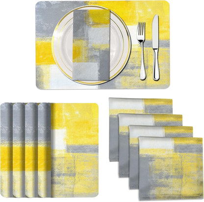 4 Each Yellow Placemats and Cloth Napkins Set of 8, Modern Abstract Art Painted Placemat for Home Kitchen Decor (Placemats 18 "x12 Cloth Napkins 18 "x18)