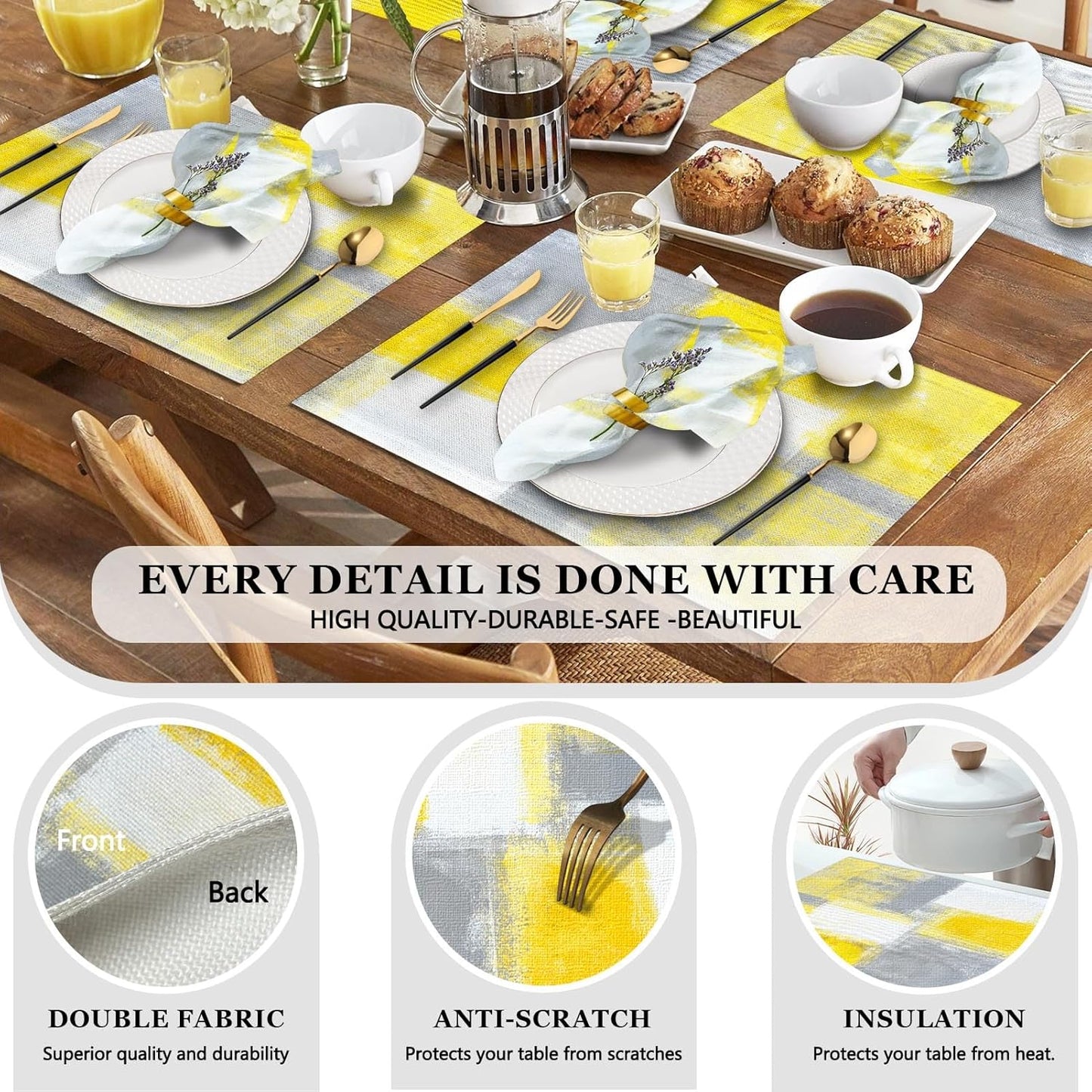 4 Each Yellow Placemats and Cloth Napkins Set of 8, Modern Abstract Art Painted Placemat for Home Kitchen Decor (Placemats 18 "x12 Cloth Napkins 18 "x18)