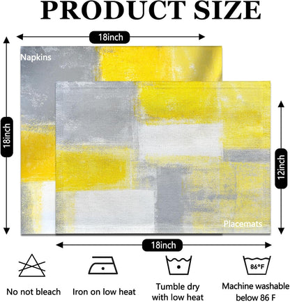 4 Each Yellow Placemats and Cloth Napkins Set of 8, Modern Abstract Art Painted Placemat for Home Kitchen Decor (Placemats 18 "x12 Cloth Napkins 18 "x18)