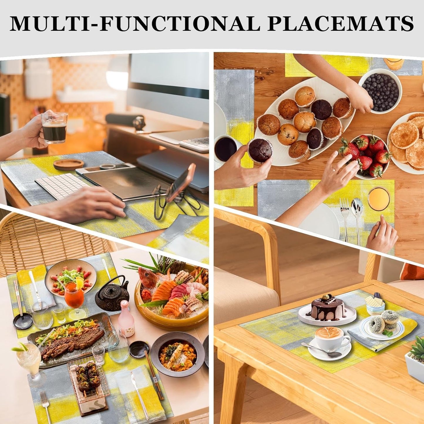 4 Each Yellow Placemats and Cloth Napkins Set of 8, Modern Abstract Art Painted Placemat for Home Kitchen Decor (Placemats 18 "x12 Cloth Napkins 18 "x18)