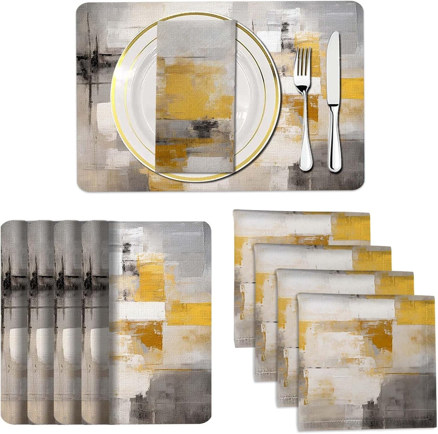 4 Each Yellow Placemats and Cloth Napkins Set of 8, Modern Abstract Art Painted Placemat for Home Kitchen Decor (Placemats 18 "x12 Cloth Napkins 18 "x18)