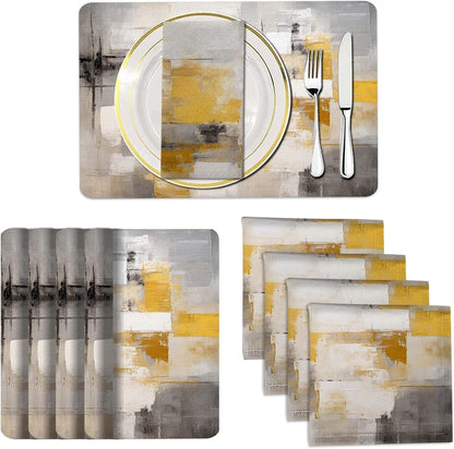 4 Each Yellow Placemats and Cloth Napkins Set of 8, Modern Abstract Art Painted Placemat for Home Kitchen Decor (Placemats 18 "x12 Cloth Napkins 18 "x18)