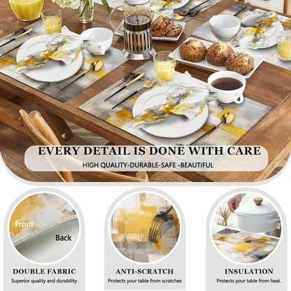 4 Each Yellow Placemats and Cloth Napkins Set of 8, Modern Abstract Art Painted Placemat for Home Kitchen Decor (Placemats 18 "x12 Cloth Napkins 18 "x18)