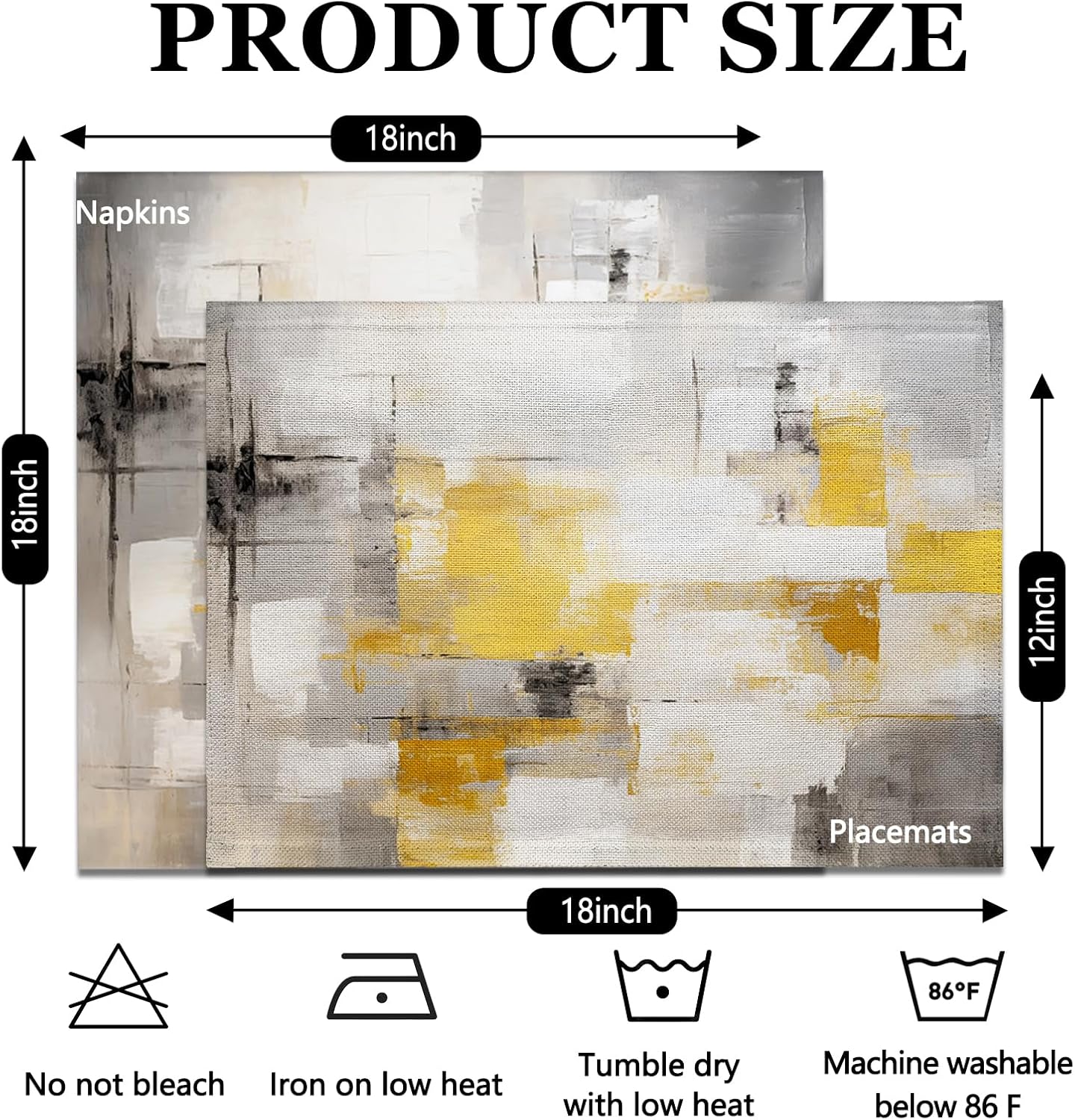 4 Each Yellow Placemats and Cloth Napkins Set of 8, Modern Abstract Art Painted Placemat for Home Kitchen Decor (Placemats 18 "x12 Cloth Napkins 18 "x18)