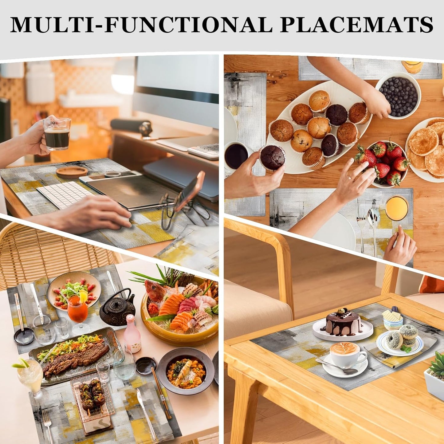 4 Each Yellow Placemats and Cloth Napkins Set of 8, Modern Abstract Art Painted Placemat for Home Kitchen Decor (Placemats 18 "x12 Cloth Napkins 18 "x18)