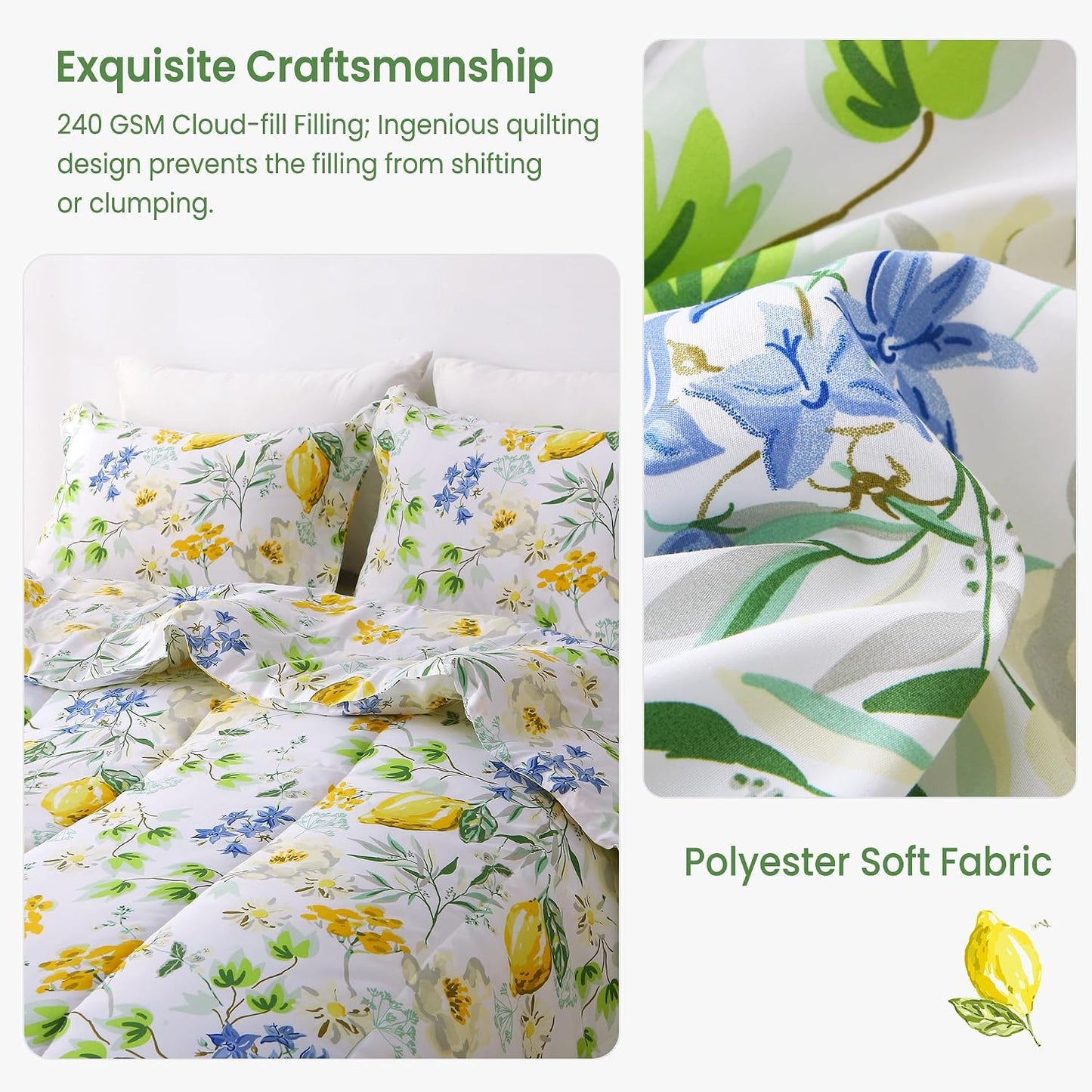 Floral Twin Size Comforter Sets, Lemon Blossoms Patterned Bed in a Bag for All Seasons, 2-Piece Farmhouse Rustic Bedding Set with Fluffy Quilted Reversible Comforter & Pillow Sham