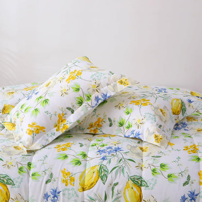 Floral Twin Size Comforter Sets, Lemon Blossoms Patterned Bed in a Bag for All Seasons, 2-Piece Farmhouse Rustic Bedding Set with Fluffy Quilted Reversible Comforter & Pillow Sham