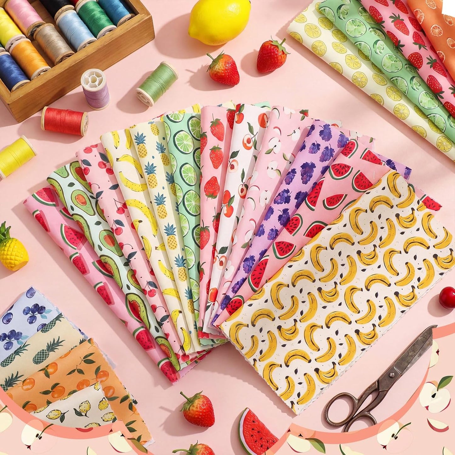 20 Pcs 10''x10'' Summer Fruit Quilting Fabric Square Lemon Strawberry Precut Quiltted Fabric Watermelon Pineapple Cherry Printed Patchwork Materials for Summer Sewing DIY Craft Supplies