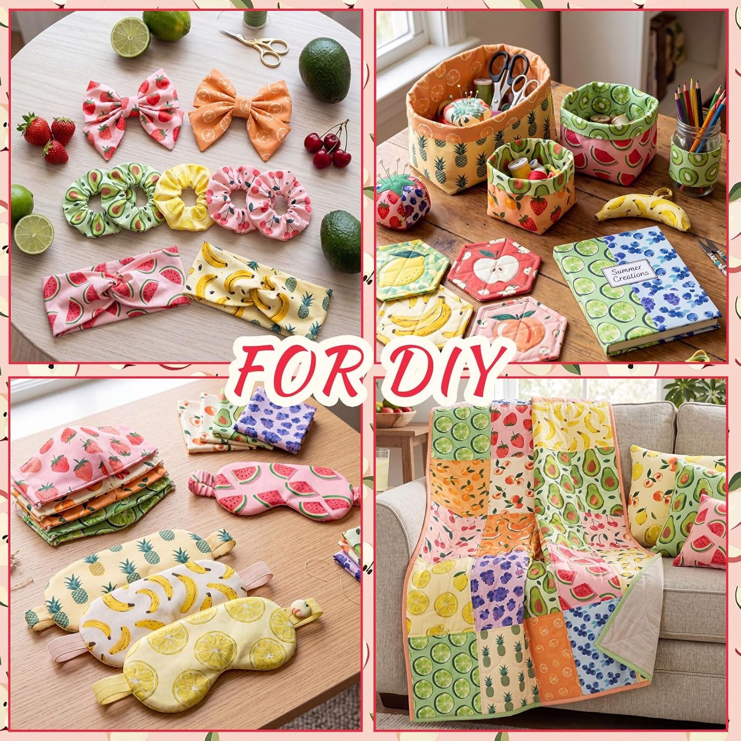 20 Pcs 10''x10'' Summer Fruit Quilting Fabric Square Lemon Strawberry Precut Quiltted Fabric Watermelon Pineapple Cherry Printed Patchwork Materials for Summer Sewing DIY Craft Supplies