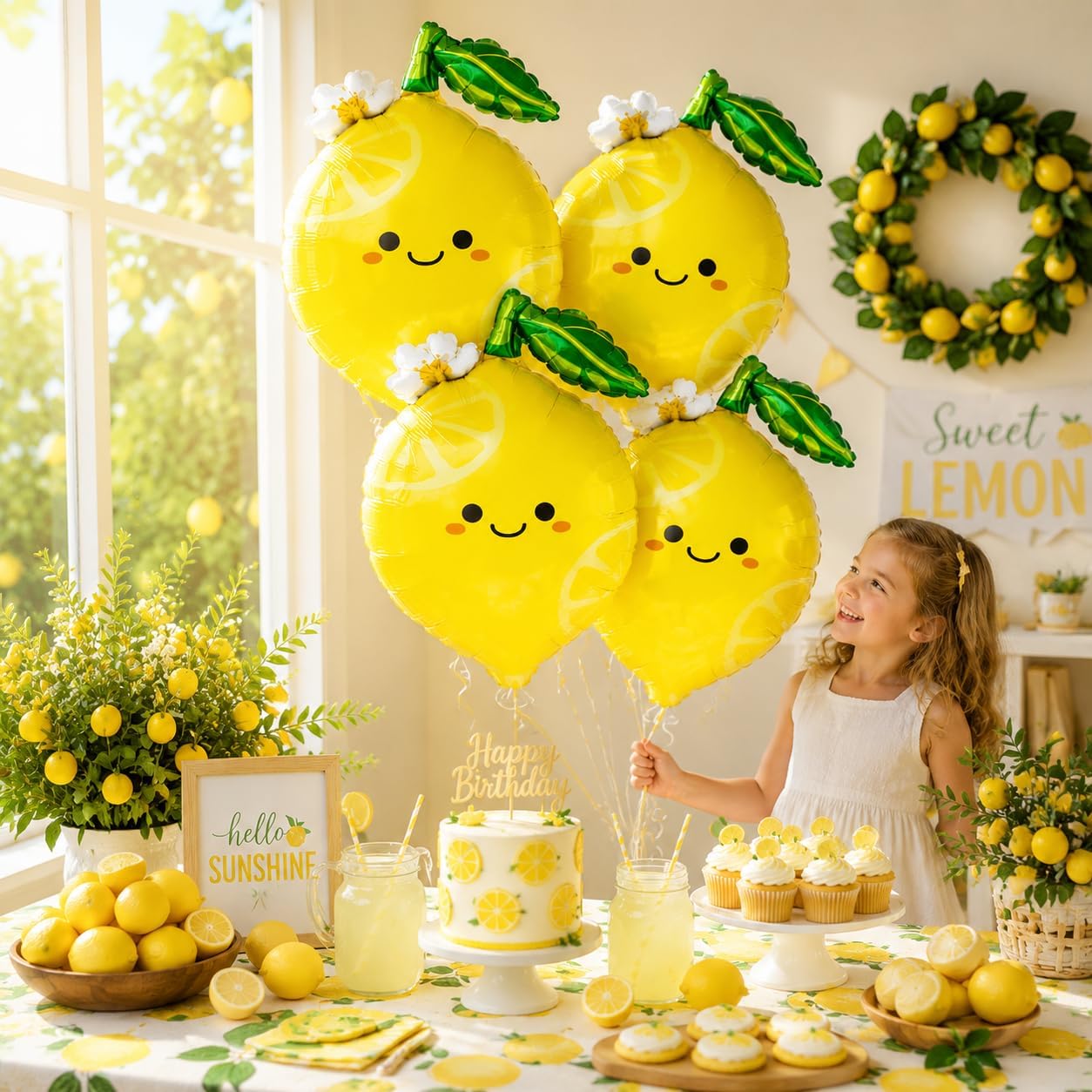 4Pcs Lemon Foil Balloons with Leaves, Sweet as Lemonade Party Decorations for She Found Her Main Squeeze Bridal Shower Amalfi Coast Wedding Freshly Graduated Summer Fruit Birthday Party Decoration