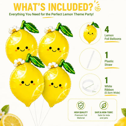 4Pcs Lemon Foil Balloons with Leaves, Sweet as Lemonade Party Decorations for She Found Her Main Squeeze Bridal Shower Amalfi Coast Wedding Freshly Graduated Summer Fruit Birthday Party Decoration