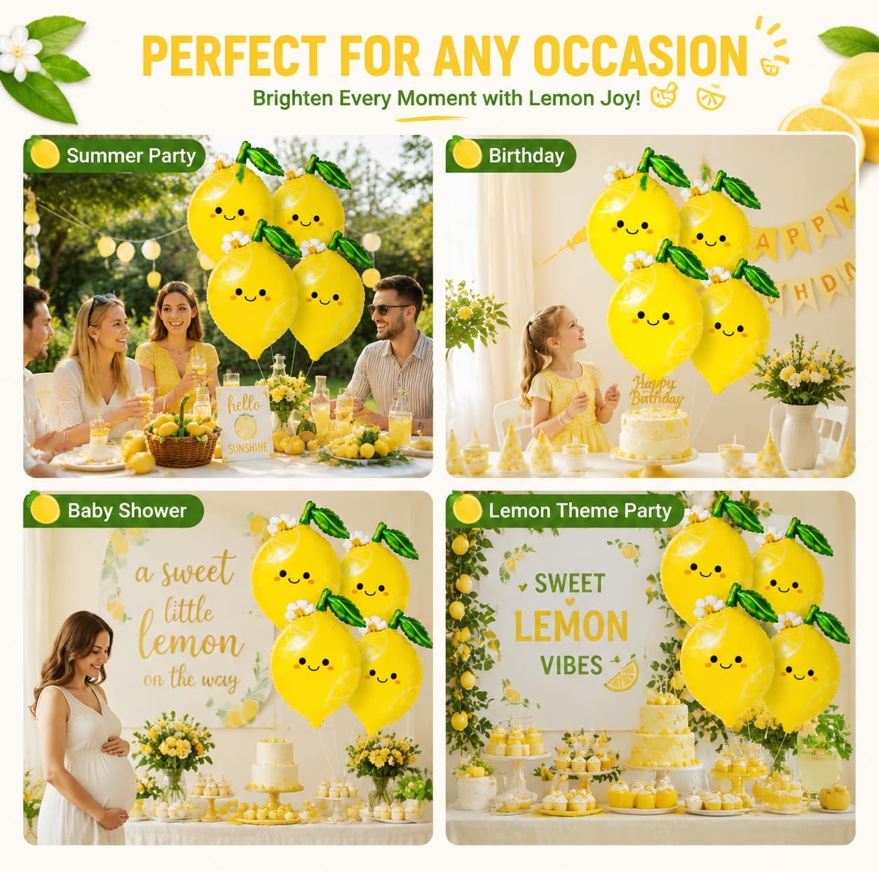 4Pcs Lemon Foil Balloons with Leaves, Sweet as Lemonade Party Decorations for She Found Her Main Squeeze Bridal Shower Amalfi Coast Wedding Freshly Graduated Summer Fruit Birthday Party Decoration