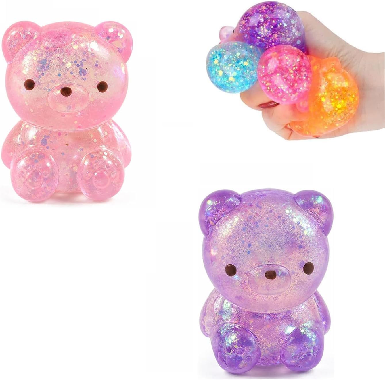 2 Pack Bear Squishy, Slow Rising Stress Relief Fidget Toys for Adults | Glitter Bear-Shaped Sensory Squeeze Toys, Calm Anxiety, Portable, Safe TPR Material, Soft Hand Toy for Office, Home or Travel