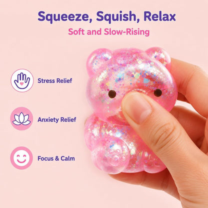 2 Pack Bear Squishy, Slow Rising Stress Relief Fidget Toys for Adults | Glitter Bear-Shaped Sensory Squeeze Toys, Calm Anxiety, Portable, Safe TPR Material, Soft Hand Toy for Office, Home or Travel
