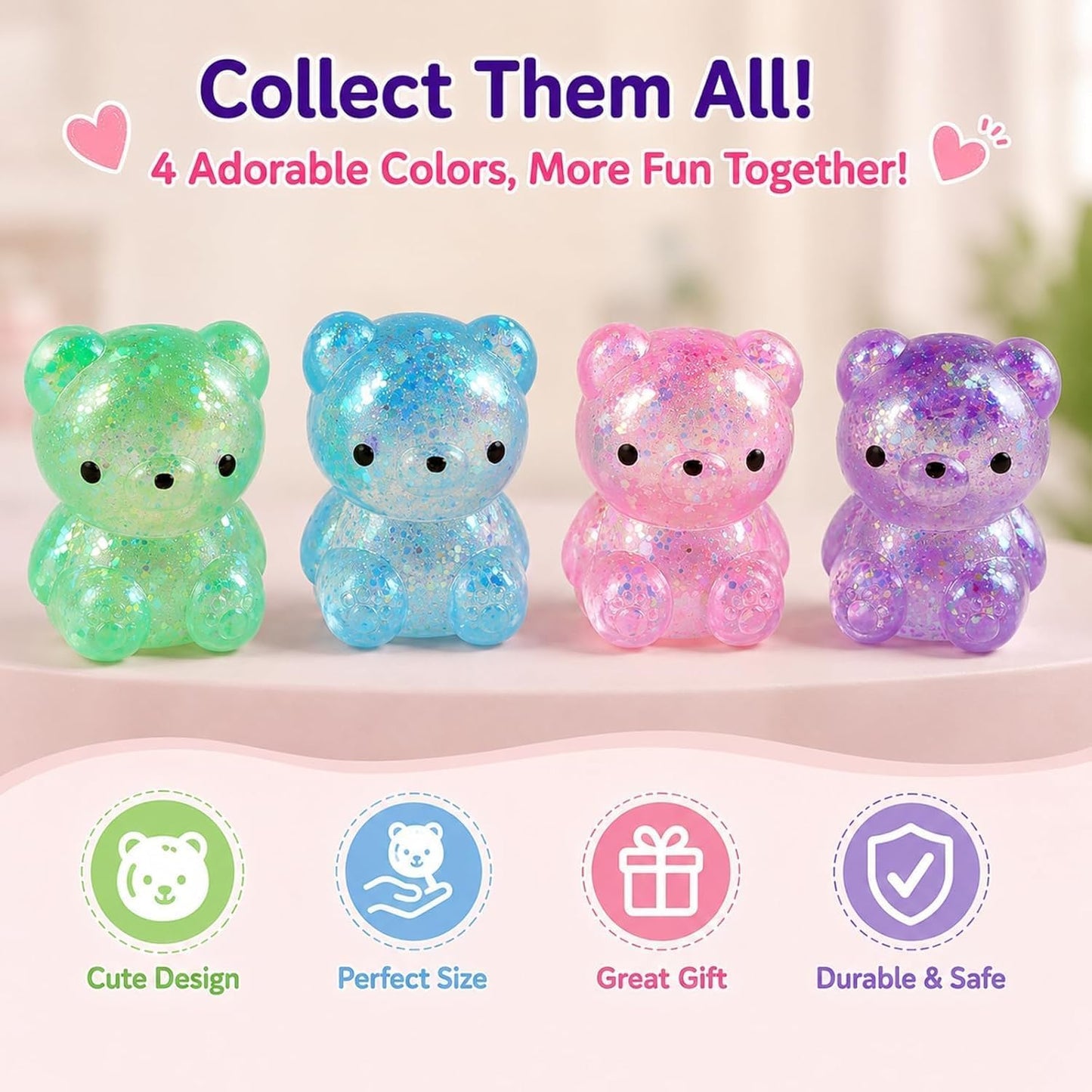 2 Pack Bear Squishy, Slow Rising Stress Relief Fidget Toys for Adults | Glitter Bear-Shaped Sensory Squeeze Toys, Calm Anxiety, Portable, Safe TPR Material, Soft Hand Toy for Office, Home or Travel