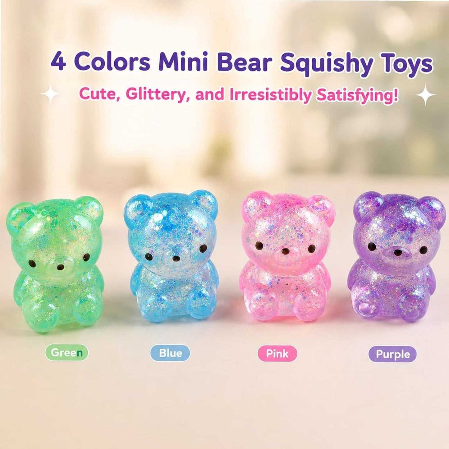 2 Pack Bear Squishy, Slow Rising Stress Relief Fidget Toys for Adults | Glitter Bear-Shaped Sensory Squeeze Toys, Calm Anxiety, Portable, Safe TPR Material, Soft Hand Toy for Office, Home or Travel