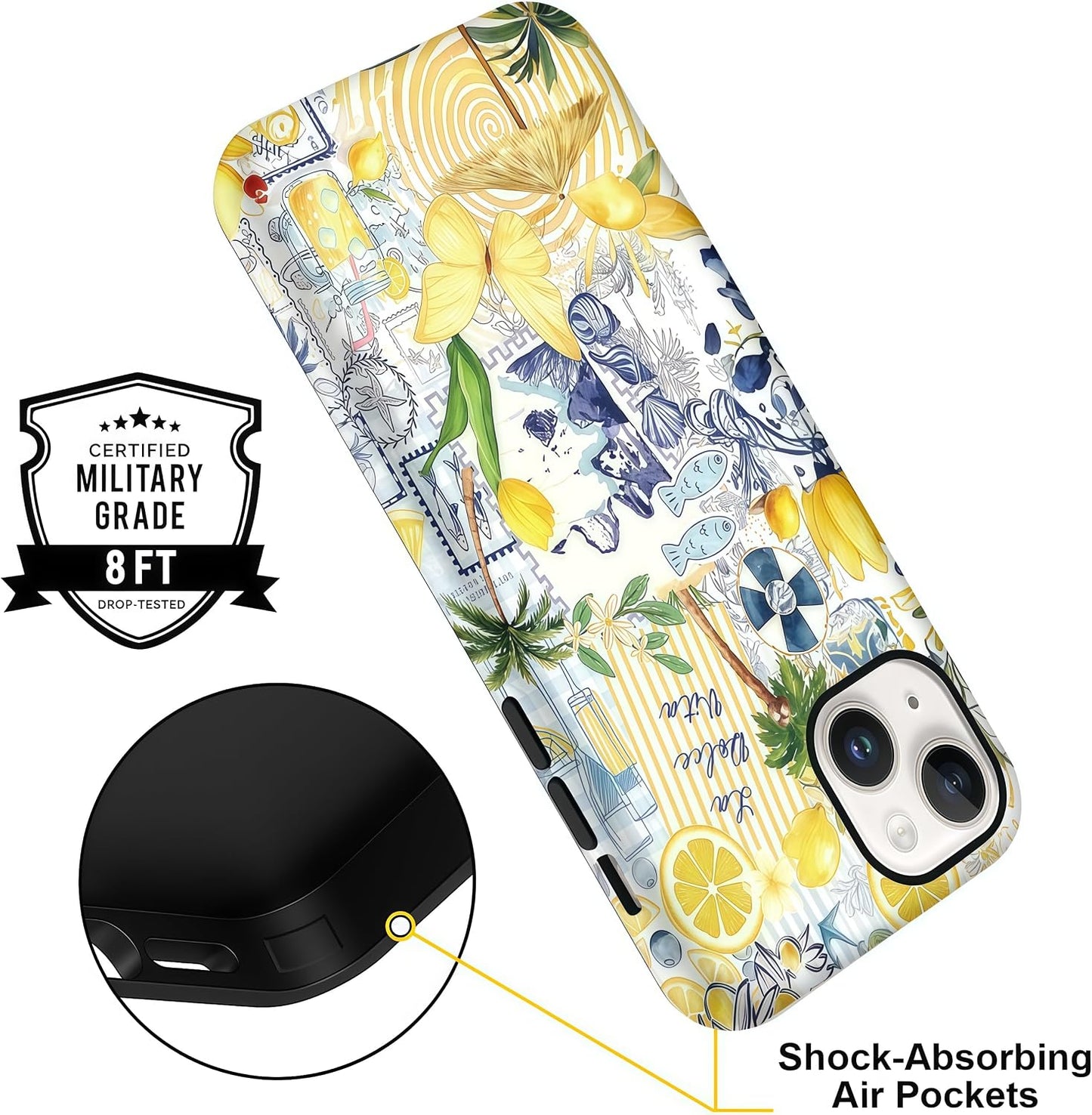Lemon Summer Collage Case for iPhone 14/13 | Hard Hybrid 2-Layer Design, Protective Scratch Resistant Cover for Women Girls