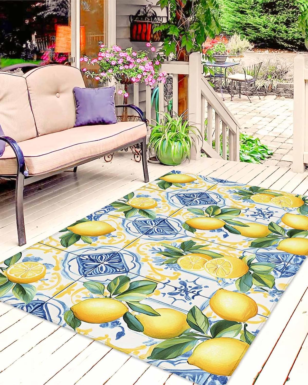 Botanical Lemon Outdoor Rug for Patio/Deck/Porch, Non-Slip Large Area Rug 4 x 6 Ft, Spring Countryside Floral Blue Tile Indoor Outdoor Rugs Washable Area Rugs, Reversible Camping Rug Carpet