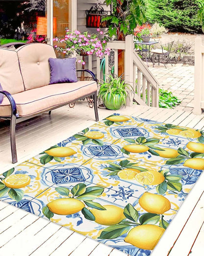 Botanical Lemon Outdoor Rug for Patio/Deck/Porch, Non-Slip Large Area Rug 4 x 6 Ft, Spring Countryside Floral Blue Tile Indoor Outdoor Rugs Washable Area Rugs, Reversible Camping Rug Carpet