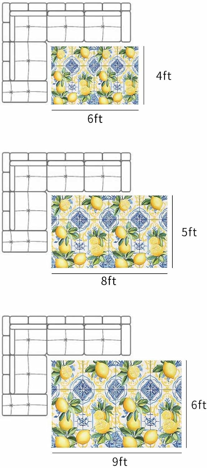 Botanical Lemon Outdoor Rug for Patio/Deck/Porch, Non-Slip Large Area Rug 4 x 6 Ft, Spring Countryside Floral Blue Tile Indoor Outdoor Rugs Washable Area Rugs, Reversible Camping Rug Carpet