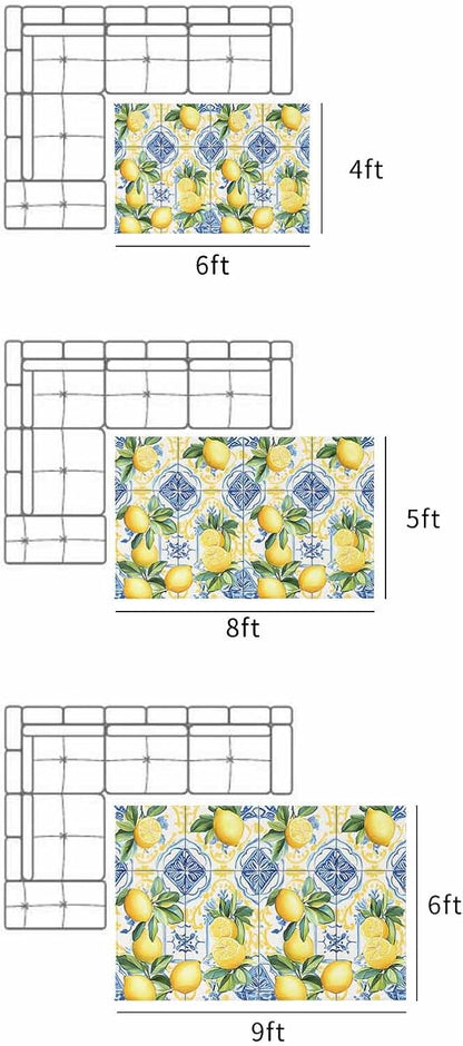 Botanical Lemon Outdoor Rug for Patio/Deck/Porch, Non-Slip Large Area Rug 4 x 6 Ft, Spring Countryside Floral Blue Tile Indoor Outdoor Rugs Washable Area Rugs, Reversible Camping Rug Carpet