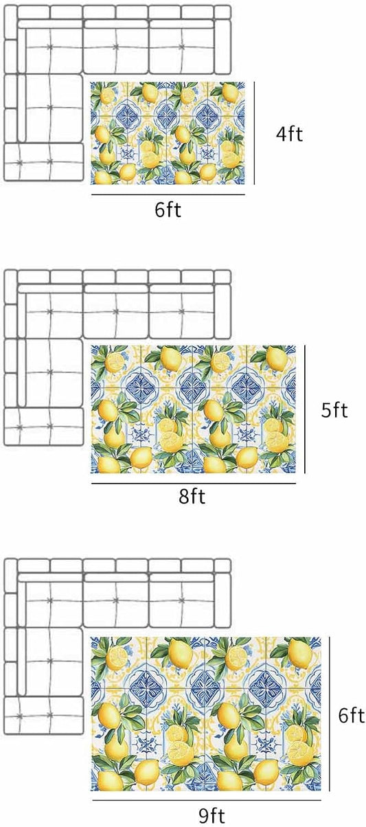 Botanical Lemon Outdoor Rug for Patio/Deck/Porch, Non-Slip Large Area Rug 4 x 6 Ft, Spring Countryside Floral Blue Tile Indoor Outdoor Rugs Washable Area Rugs, Reversible Camping Rug Carpet