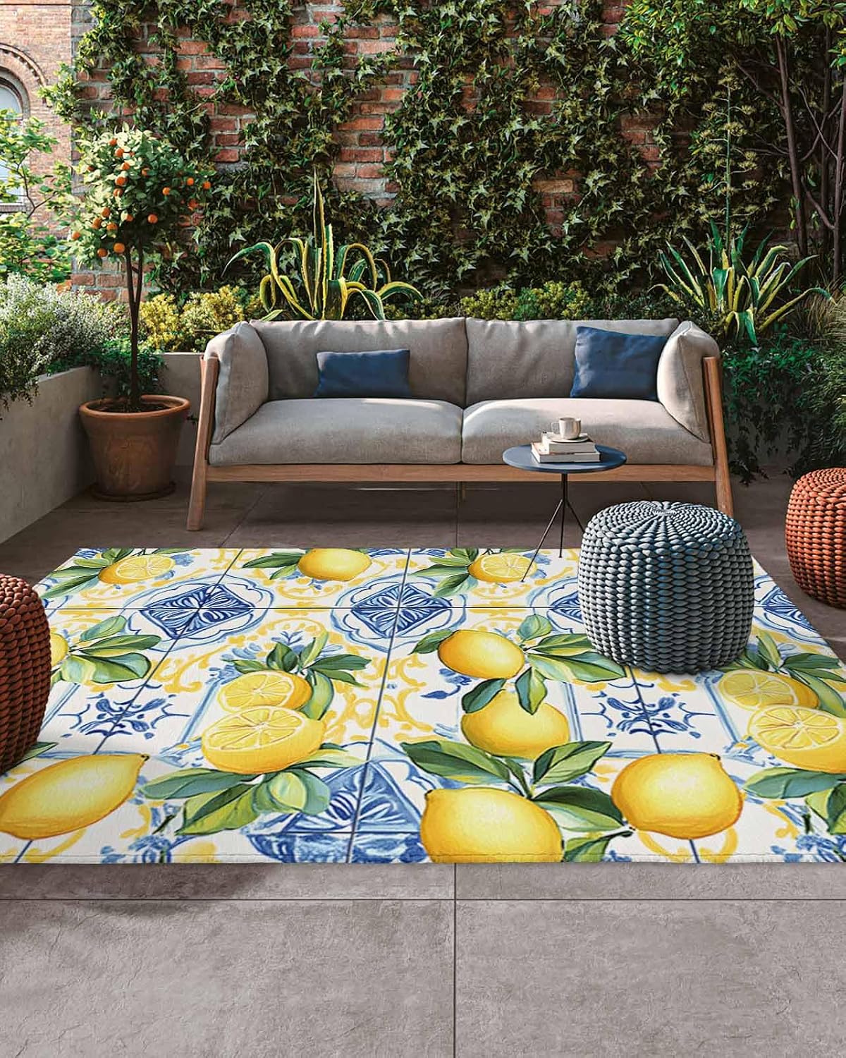 Botanical Lemon Outdoor Rug for Patio/Deck/Porch, Non-Slip Large Area Rug 4 x 6 Ft, Spring Countryside Floral Blue Tile Indoor Outdoor Rugs Washable Area Rugs, Reversible Camping Rug Carpet