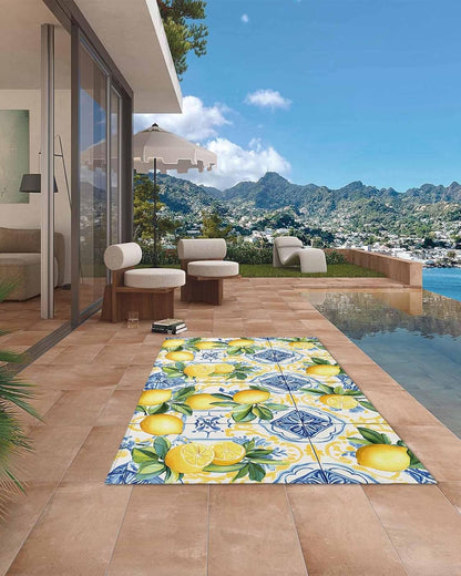 Botanical Lemon Outdoor Rug for Patio/Deck/Porch, Non-Slip Large Area Rug 4 x 6 Ft, Spring Countryside Floral Blue Tile Indoor Outdoor Rugs Washable Area Rugs, Reversible Camping Rug Carpet