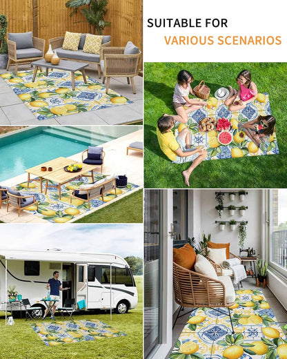 Botanical Lemon Outdoor Rug for Patio/Deck/Porch, Non-Slip Large Area Rug 4 x 6 Ft, Spring Countryside Floral Blue Tile Indoor Outdoor Rugs Washable Area Rugs, Reversible Camping Rug Carpet