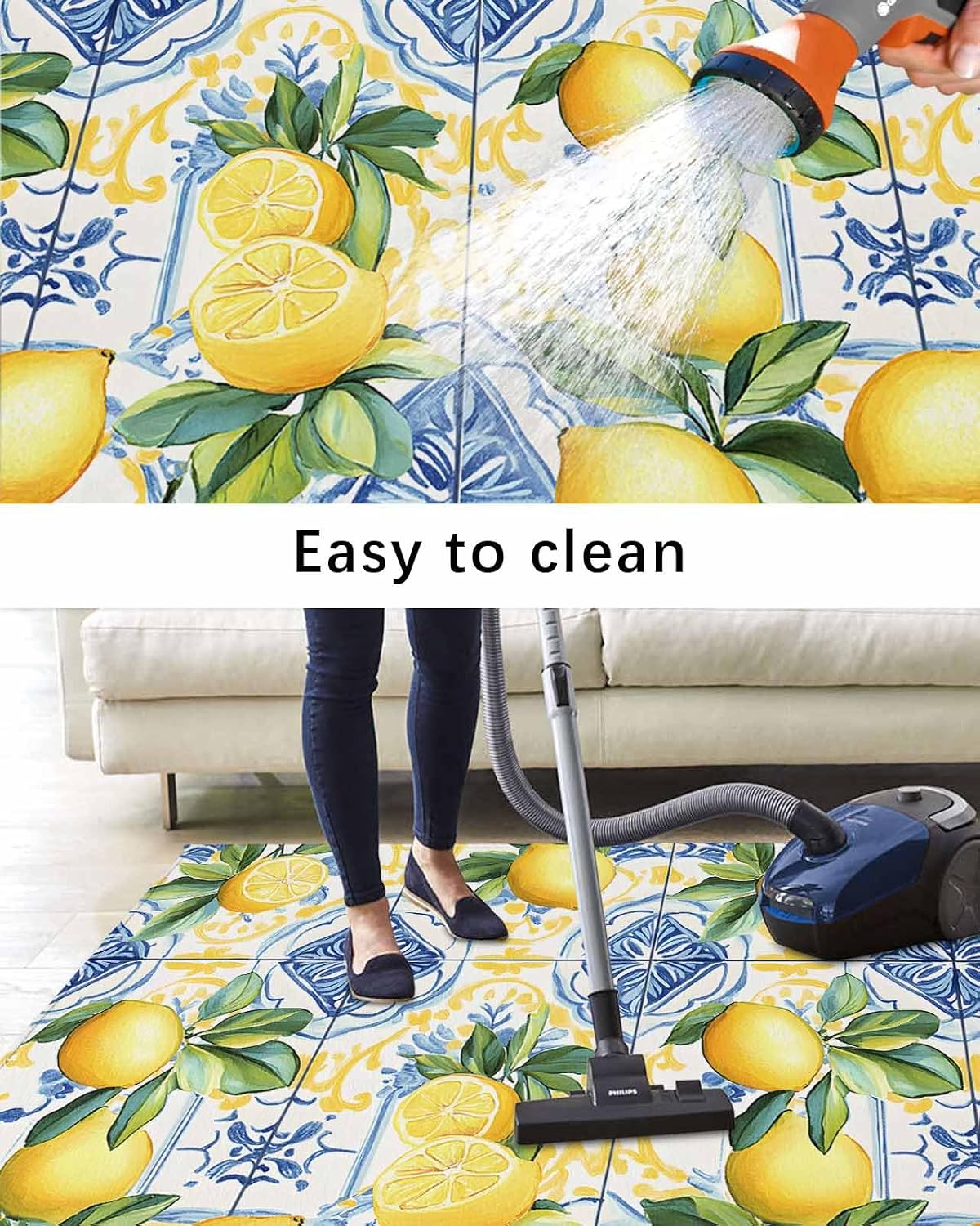 Botanical Lemon Outdoor Rug for Patio/Deck/Porch, Non-Slip Large Area Rug 4 x 6 Ft, Spring Countryside Floral Blue Tile Indoor Outdoor Rugs Washable Area Rugs, Reversible Camping Rug Carpet