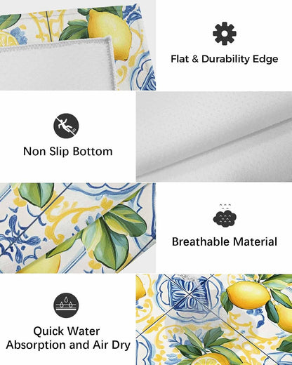 Botanical Lemon Outdoor Rug for Patio/Deck/Porch, Non-Slip Large Area Rug 4 x 6 Ft, Spring Countryside Floral Blue Tile Indoor Outdoor Rugs Washable Area Rugs, Reversible Camping Rug Carpet