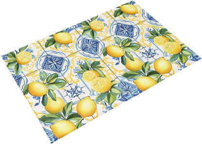 Botanical Lemon Outdoor Rug for Patio/Deck/Porch, Non-Slip Large Area Rug 4 x 6 Ft, Spring Countryside Floral Blue Tile Indoor Outdoor Rugs Washable Area Rugs, Reversible Camping Rug Carpet