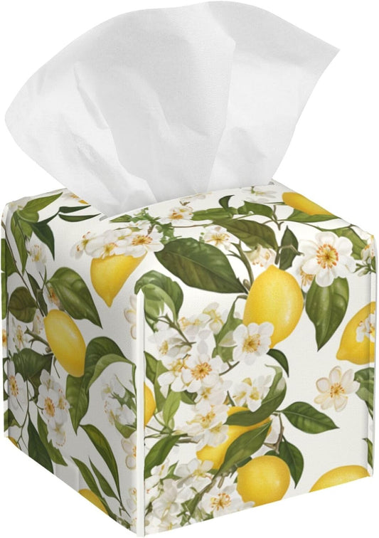Elegant Lemon White Flowers Tissue Box Cover Leather Decorative Square Tissue Cube Boxes Holder with Bottom Belt Case Organizer for Bathroom Home Car Decor