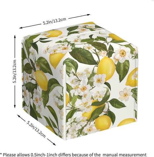 Elegant Lemon White Flowers Tissue Box Cover Leather Decorative Square Tissue Cube Boxes Holder with Bottom Belt Case Organizer for Bathroom Home Car Decor