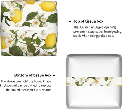 Elegant Lemon White Flowers Tissue Box Cover Leather Decorative Square Tissue Cube Boxes Holder with Bottom Belt Case Organizer for Bathroom Home Car Decor
