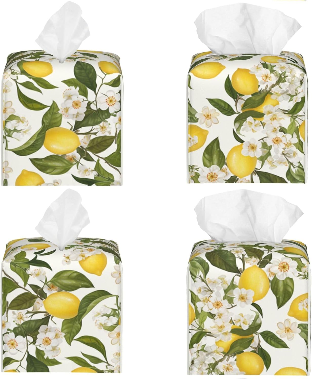 Elegant Lemon White Flowers Tissue Box Cover Leather Decorative Square Tissue Cube Boxes Holder with Bottom Belt Case Organizer for Bathroom Home Car Decor