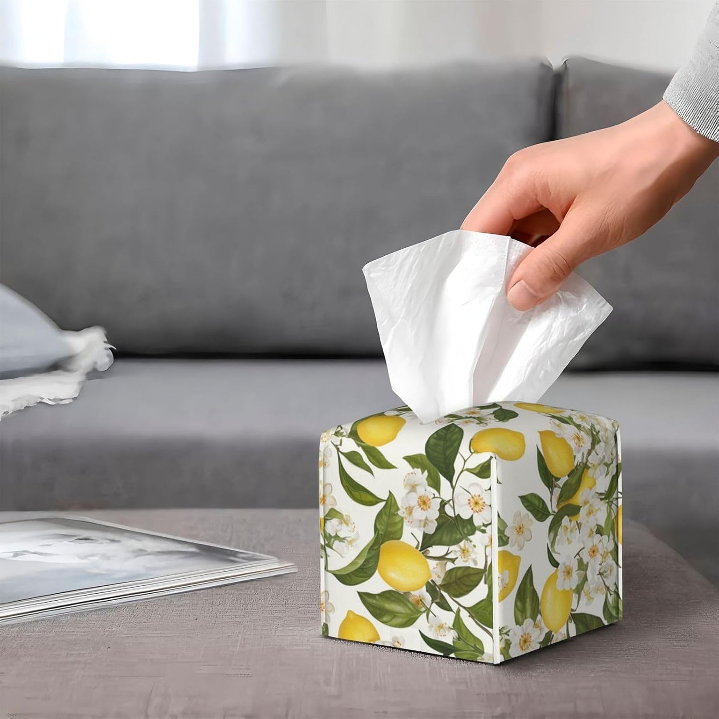 Elegant Lemon White Flowers Tissue Box Cover Leather Decorative Square Tissue Cube Boxes Holder with Bottom Belt Case Organizer for Bathroom Home Car Decor