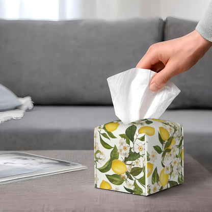 Elegant Lemon White Flowers Tissue Box Cover Leather Decorative Square Tissue Cube Boxes Holder with Bottom Belt Case Organizer for Bathroom Home Car Decor