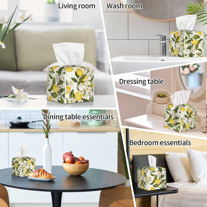 Elegant Lemon White Flowers Tissue Box Cover Leather Decorative Square Tissue Cube Boxes Holder with Bottom Belt Case Organizer for Bathroom Home Car Decor