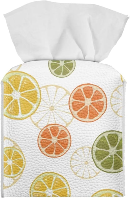 Tissue Holder Box Fruit Theme Napkin Box Cover Lemon Print Tissue Dispenser Square Black Casual Leather Tissue Case Decorative