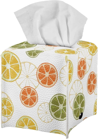 Tissue Holder Box Fruit Theme Napkin Box Cover Lemon Print Tissue Dispenser Square Black Casual Leather Tissue Case Decorative