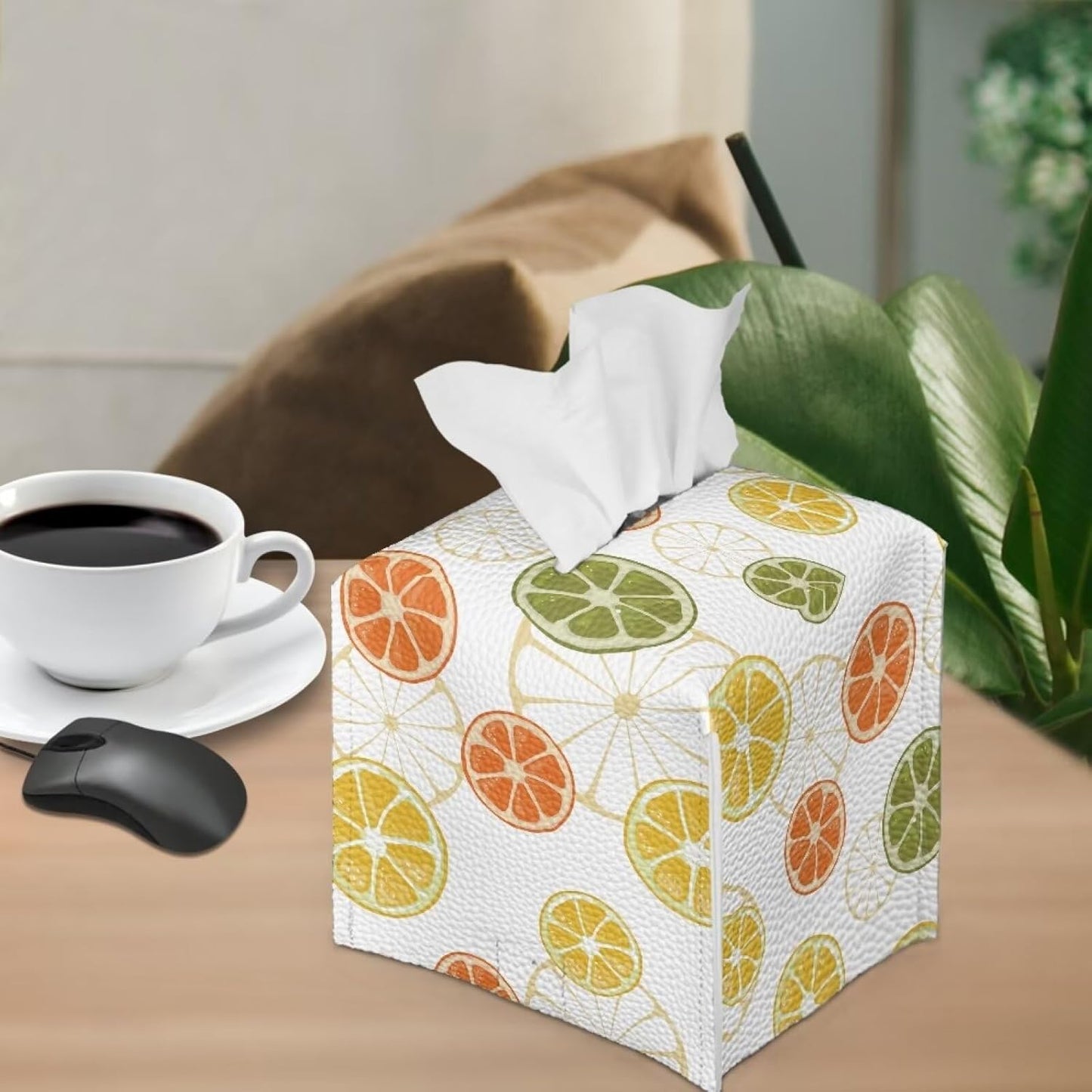 Tissue Holder Box Fruit Theme Napkin Box Cover Lemon Print Tissue Dispenser Square Black Casual Leather Tissue Case Decorative