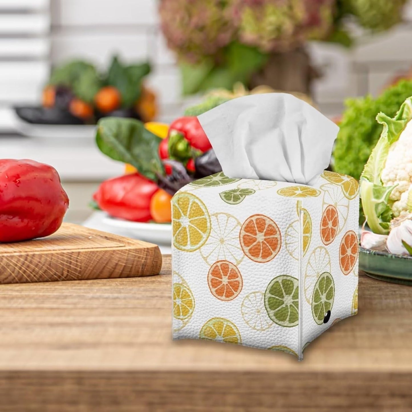 Tissue Holder Box Fruit Theme Napkin Box Cover Lemon Print Tissue Dispenser Square Black Casual Leather Tissue Case Decorative