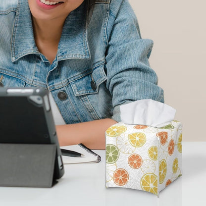 Tissue Holder Box Fruit Theme Napkin Box Cover Lemon Print Tissue Dispenser Square Black Casual Leather Tissue Case Decorative