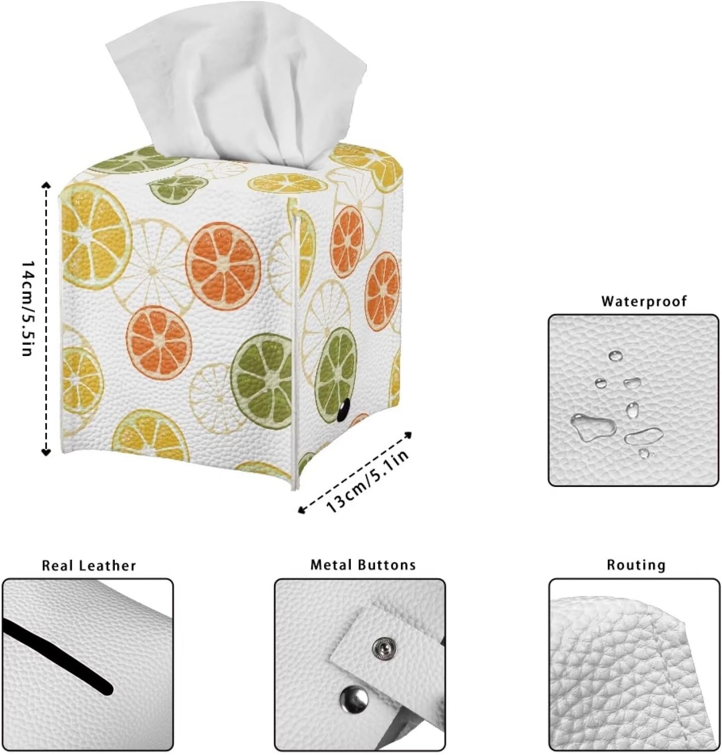 Tissue Holder Box Fruit Theme Napkin Box Cover Lemon Print Tissue Dispenser Square Black Casual Leather Tissue Case Decorative