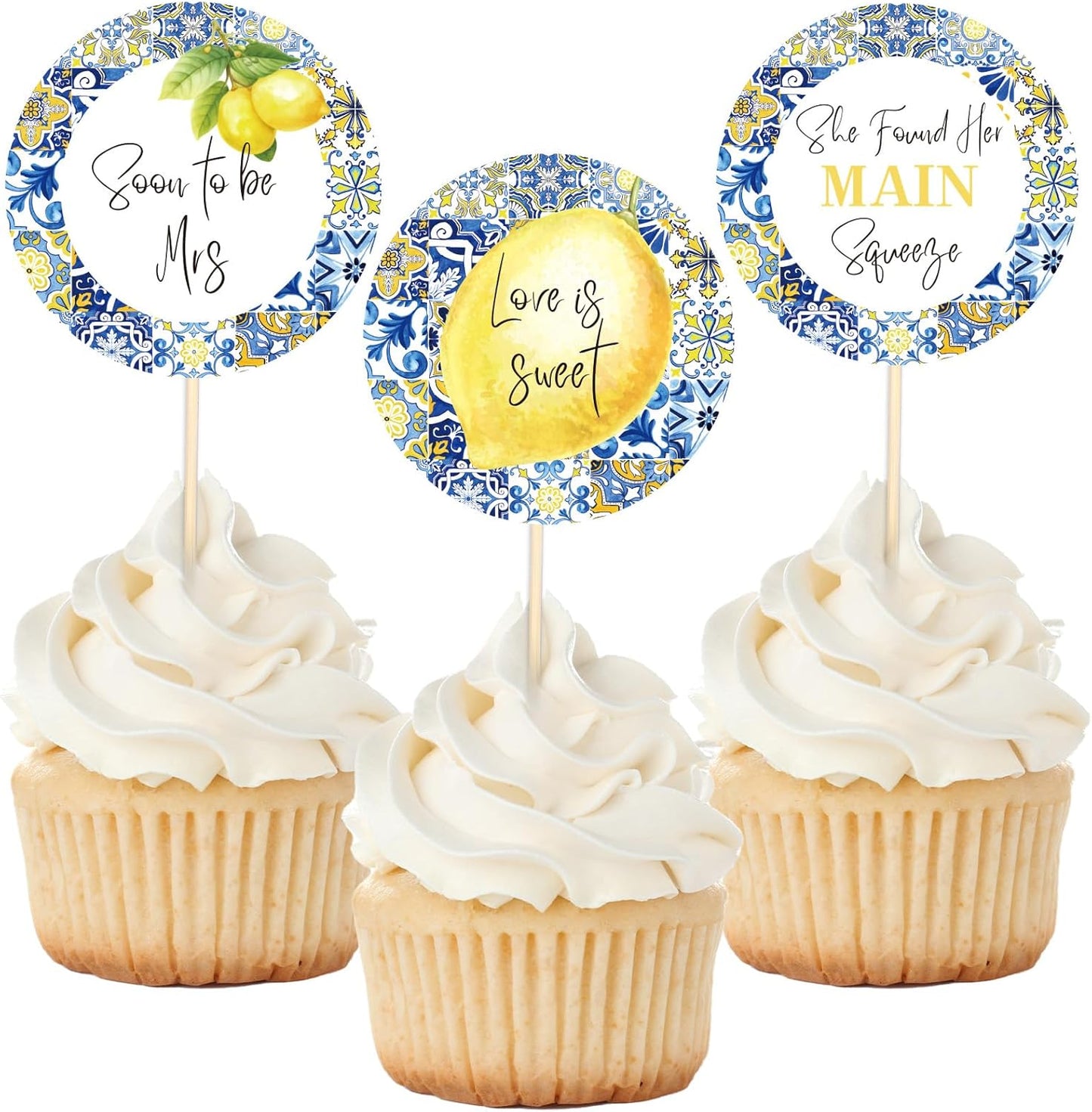 24 Pcs Blue White Tiles Lemon Cupcake Topper Sweet Fruit Theme Summer Lemonade Cupcake Picks for Wedding Engagement Bridal Shower Bachelorette Party Decorations
