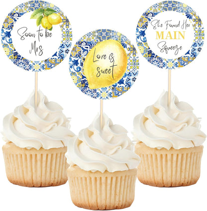 24 Pcs Blue White Tiles Lemon Cupcake Topper Sweet Fruit Theme Summer Lemonade Cupcake Picks for Wedding Engagement Bridal Shower Bachelorette Party Decorations