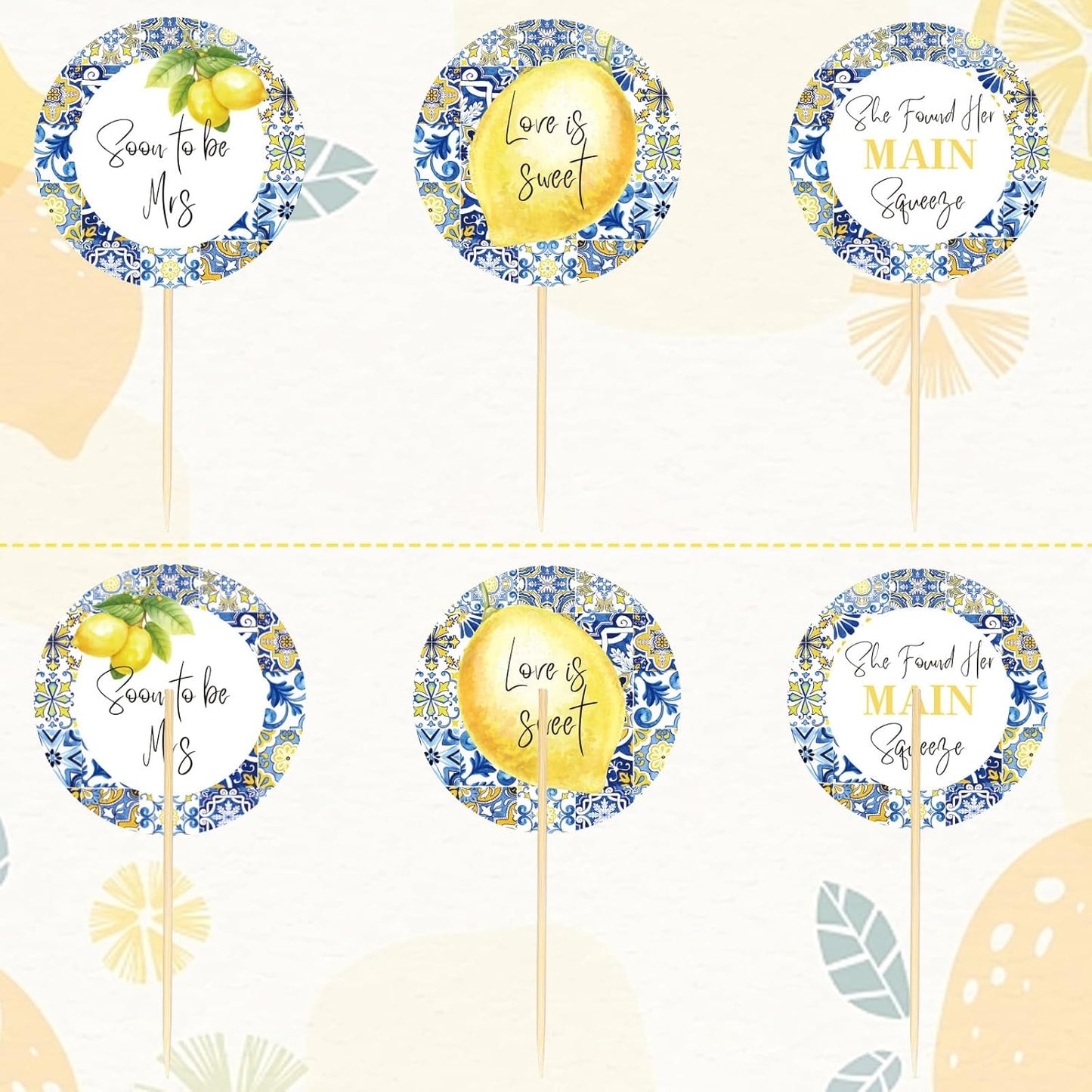 24 Pcs Blue White Tiles Lemon Cupcake Topper Sweet Fruit Theme Summer Lemonade Cupcake Picks for Wedding Engagement Bridal Shower Bachelorette Party Decorations