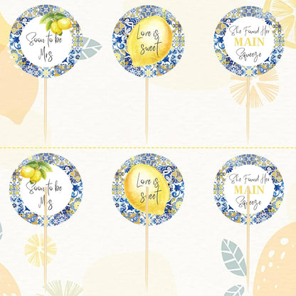 24 Pcs Blue White Tiles Lemon Cupcake Topper Sweet Fruit Theme Summer Lemonade Cupcake Picks for Wedding Engagement Bridal Shower Bachelorette Party Decorations