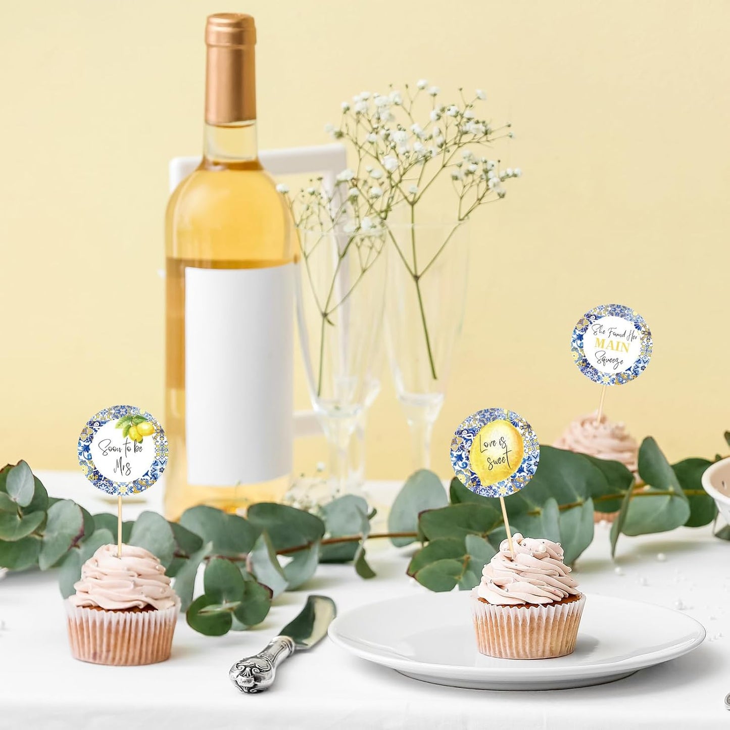 24 Pcs Blue White Tiles Lemon Cupcake Topper Sweet Fruit Theme Summer Lemonade Cupcake Picks for Wedding Engagement Bridal Shower Bachelorette Party Decorations